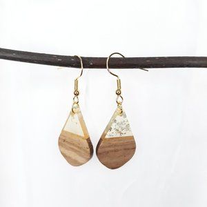 Handmade Walnut & Clear Resin Hook Earrings Tear Drop Hypo-Allergenic Gold Tone